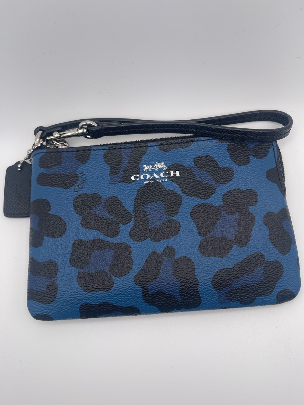 Coach Blue and Black Leopard Print Wristlet Pouch